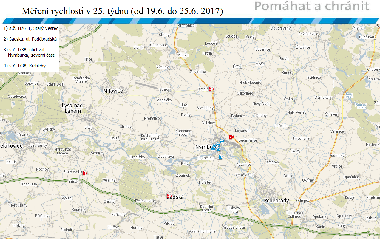 Mapa míst měření rychlosti na 25. týden